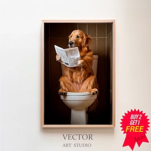 Golden Retriever auf der Toilette und liest Zeitung, Badezimmer Bilder, Badezimmer Deko, Haustier Geschenk, Pets Gifts, Funny Dog Picture