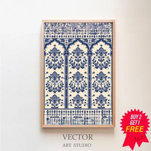 May include: A framed print with a blue and white floral pattern. The pattern features a repeating design of stylized flowers and leaves. The print is framed in a light wood frame.