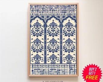 Vintage Tapestry Wall Art Print, Indian Scarf Art Print, Blue Floral Textile Wall Hanging, Textile Embroidery Art, Artful Pattern Printable