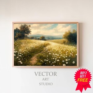 Spring Meadow Print - White Flowers Field - Vintage Style Décor - Landscape Painting- Digital Download PRINTABLE Art - Farmhouse