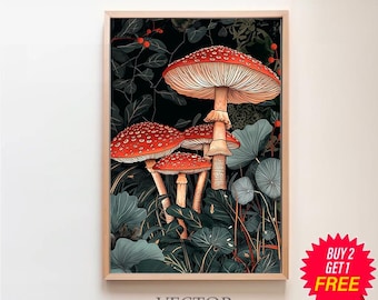 William Morris geïnspireerde paddestoelkunstprint, paddestoelprint, botanische wanddecoratie, moodiekunst, poster natuur woonkamer kunst, bos kunst aan de muur