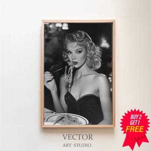 Italian Woman Eating Spaghetti Poster, Black and White, Pasta Print, Kitchen Wall Art, Vintage Food Poster, Restaurant Decor, Pasta Poster