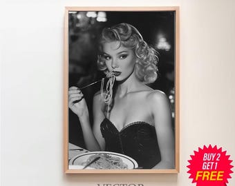 Italian Woman Eating Spaghetti Poster, Black and White, Pasta Print, Kitchen Wall Art, Vintage Food Poster, Restaurant Decor, Pasta Poster