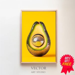 Printable Wall Art, Avocado Disco Ball Maximalist Painting, Vivid Mirror Ball Girly Kitchen Print, Dopamine Dining Room Preppy Food Poster
