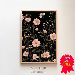 Estampado floral oscuro, Dark Academia, Estampado de flores silvestres, Pintura melancólica, Estampado botánico negro, Descarga digital de arte, Obra de arte de flores vintage