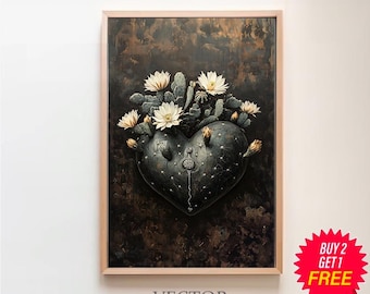 Mexican Cactus Heart Canvas, Mexican Folk Art Painting, Mexico Wall Art, Cactus Wall Art, Vintage Wall Art, Cactus Print, Boho Wall Decor