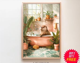 May include: A watercolor illustration of an otter taking a bath in a pink bathtub with green plants and a wooden frame. The otter is brown and has a white chest. The bathtub is surrounded by green plants and a wooden frame. The background is a light blue color.