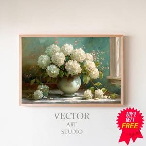 FRAME TV art White Hydrangeas still life, Spring Samsung Frame tv art rustic farmhouse, Digital Art, Neutral floral tv artwork cottage decor