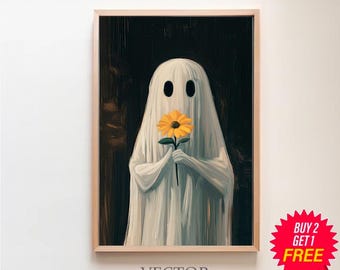 Wall Flower Ghost Poster, Sheeted Ghost Art Print, Cute Little Ghost Face Spooky Gothic Printable, Dark Academia Room Decor, Abandoned Art