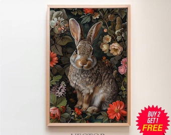 William Morris Inspired Bunny Art Print, Rabbit Print, Animal Print, Bunny Decor, Large Wall Art Canvas, Year of the Rabbit Lover Gift