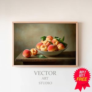 Moody Vintage Fruit Still Life: Peaches Oil Painting | Collection &#39;Tranquil Stillness&#39; by ARTEDYA | Printable Wall Art - Digital Download