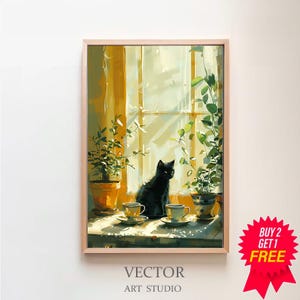 Impresión retro de gato negro y café, póster con ilustración de tazas de té vintage, decoración de cocina, regalo para mamá gata, arte de pared para comedor, pintura de naturaleza muerta
