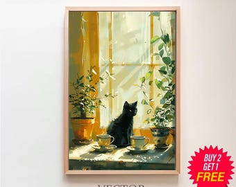 Retro Black Cat & Coffee Print, Vintage Tea Cups Illustration Poster, Kitchen Decor, Cat Mom Gift, Dining Room Wall Art, Still Life Painting
