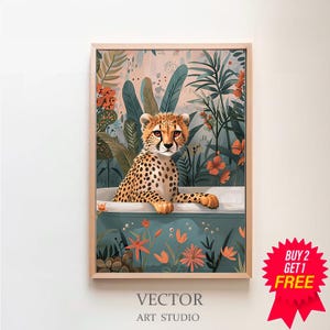 Cheetah Wall Art, Animal Kids Room Print, Boho Jungle Bathtub Poster, Bathroom Art DIGITAL, Maximalist Botanical Eclectic Tropical Poster