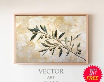 額縁 オリーブ オリーブの枝の絵画 | オリーブの木の植物アート | 落ち着いた色彩