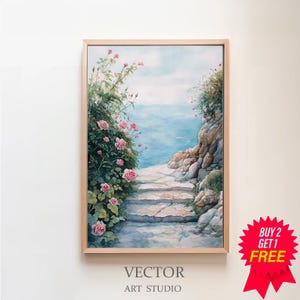 French Country Garden Path - Cottage Farmhouse Landscape Wall Art - Digital Download - Antique Oil Painting