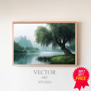 Weeping Willow Landscape Art | PRINTABLE Wall Decor | Weeping Willow Tree Painting | Tranquil Art | Moody Rustic Landscape Art