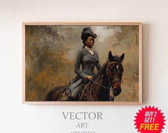 Vintage vrouw te paard | Afdrukbare kunst | Paard en ruiter | Paardensportdecoratie | Digitale download | Olieverfschilderij