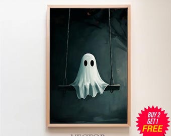 Ghost On The Swing Poster, Sheeted Ghost Art Print, Cute Little Ghost Face Spooky Gothic Printable, Dark Academia Room Decor, Abandoned Art