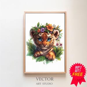 Tiger Aquarell Clipart Kinderzimmer Dekor Baby Tiger Aquarell Süßes Baby Tier Blumen Watercolor Clipart Wanddeko, DIGITAL DOWNLOAD