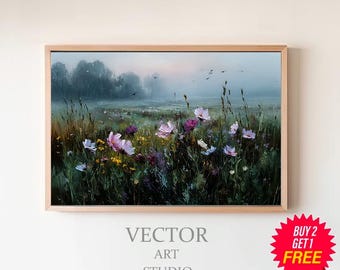 Misty Wildflower Meadow at Dawn, Vintage Floral Landscape Painting, Soft Morning Light Field, Countryside Wall Art, Aesthetic Poster