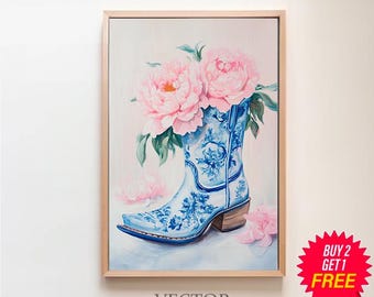 Blue Boot Pink Flowers Wall Art, Printable Coastal Cowgirl, Preppy Decor, Instant Download, College Dorm Room Aesthetic, Boho Art