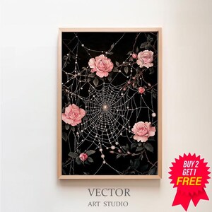 Tautropfen auf Spinnennetz und rosa Rosen Dunkler botanischer Blumengarten zum Ausdrucken, dunkle Blumenwandkunst, Cottagecore Forestcore