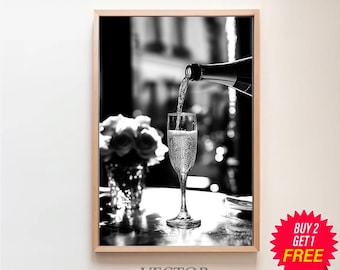 Poster di champagne, bianco e nero, stampa carrello bar, arte murale cocktail, arredamento bar vintage, stampa champagne, arte murale alcolica, download digitale