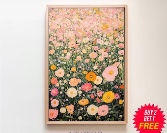 Gustav Klimt Flowers Garden Pink And Green Wall Art Print Poster Framed Art Gift, Digital Download
