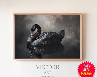 Arte imprimible de cisne negro, pintura al óleo vintage, pájaro cisne, decoración de pared victoriana, impresión de pájaro gótico, arte de pared con animales Cottagecore de Dark Academia