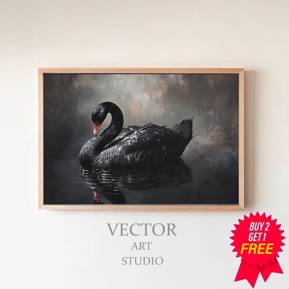 Black Swan Art Printable, Vintage Oil Painting Swan Bird Victorian