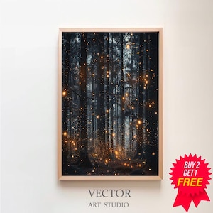 Magic Forest Wall Art | Fantasy Painting | Fireflies Poster | Lightning Bug |Electric Forest