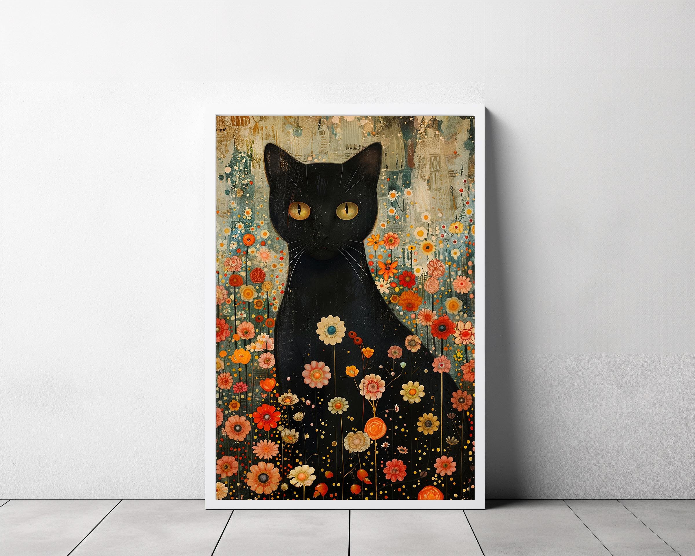 グスタフ・クリムト、庭の黒猫 ウォールアート プリント ポスター 額