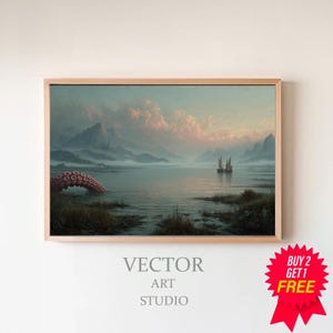 May include: Framed art print depicting a surreal landscape with a calm lake, mountains, and a cloudy sky. A giant tentacle emerges from the water. The text "VECTOR ART STUDIO" is at the bottom. A red "BUY 2 GET 1 FREE" sticker is in the bottom right corner.