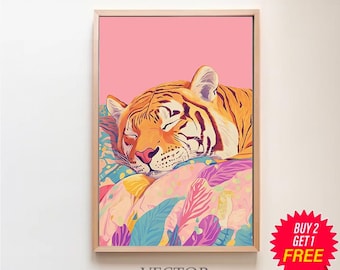 Printable Wall Art, Cute Tiger Vivid Maximalist Oil Painting, Dopamine Animal Pink Poster, Vibrant Preppy Art, Colorful Trendy Bedroom Print