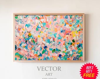 May include: Abstract painting in a wooden frame with a pink, blue, green, and yellow colour scheme. The painting is titled "Vector Art Studio".