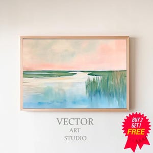 Pink Marsh Sunset Landscape Painting | Pastel Lowcountry Coastal Watercolor Wall Art Print Digital Download | Carolina Beach House Printable