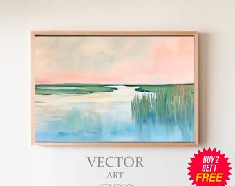Pink Marsh Sunset Landscape Painting | Pastel Lowcountry Coastal Watercolor Wall Art Print Digital Download | Carolina Beach House Printable