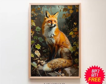 Fox Cottagecore Print, Forest Animal Vintage Oil Painting, Whimsical Fox Poster Victorian Aesthetic Woodland Printable, Botanical Wall Art