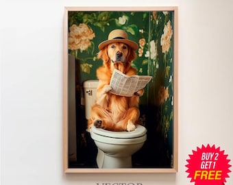 Golden Retriever Art, Funny Bathroom Decor, Dog in Toilet, Animal in toilet, Printable Digital Download, Kids Bathroom Wall Art