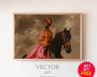Vintage vrouw op haar paard | Printkunst | Paard en ruiter | Woondecoraties | Paardensport