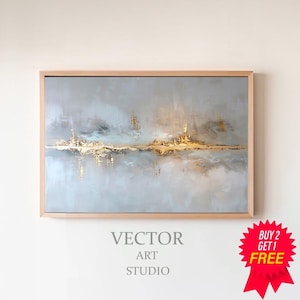 May include: Abstract painting with a light blue background and gold accents. The painting is framed in a light wood frame. The painting is titled "VECTOR ART STUDIO".