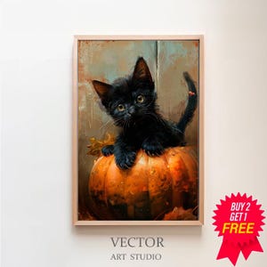 Vintage Cat Painting Halloween Print Halloween Wall Art Printable Vintage Rustic Decor Cute Black Cat in Pumpkin Halloween Painting