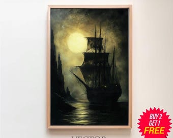 Vintage Ghost Ship, Ocean Aesthetic, Gothic Sea Painting, Dark Arts Printable, Dark Academia Décor, Pirate Art Print, Antique Oil Painting