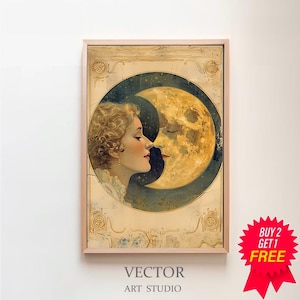 Woman Kissing The Moon | Digital Download | Vintage Moon Art | Vintage Moon Poster | Celestial Art | Dear Old Dixie Moon| Moon Witch Art