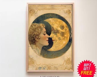 Mujer besando a la luna / Descarga digital / Arte vintage de la luna / Póster vintage de la luna / Arte celestial / Querida vieja Dixie Moon / Arte de la bruja lunar
