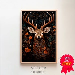 William Morris Inspired Deer Art Print, Nature Wall Art, Deer Antlers, Christmas Large Wall Art Canvas, Unique Wall Art, Above Bed Art