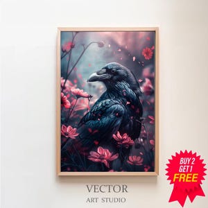 Black Crow With Flowers, Vintage Poster, Art Poster Print, Gothic Victorian Crow, Dark Academia