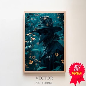 Plague Doctor Print, Vintage Poster, Art Poster Print, Dark Academia, Gothic Floral Print, Gothic Plague Doctor