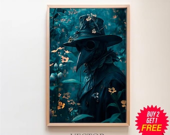 Plague Doctor Print, Vintage Poster, Art Poster Print, Dark Academia, Gothic Floral Print, Gothic Plague Doctor